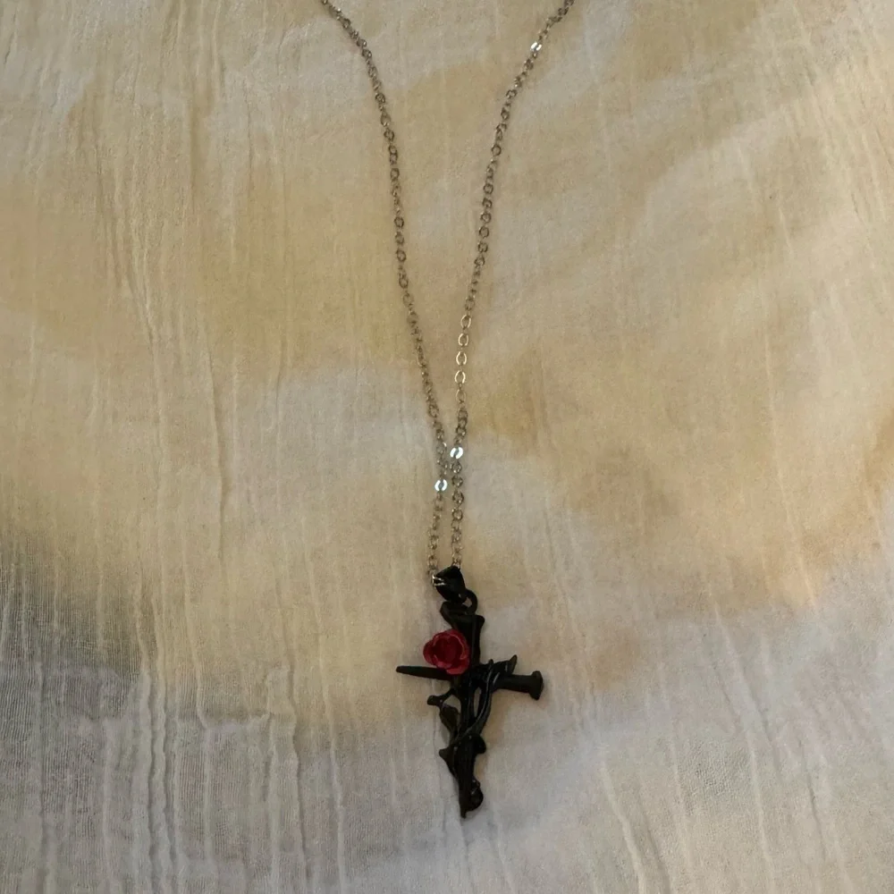 Black Cross Necklace with Nail and Red Rose. 16” to 18” Silver Chain Rose Cross